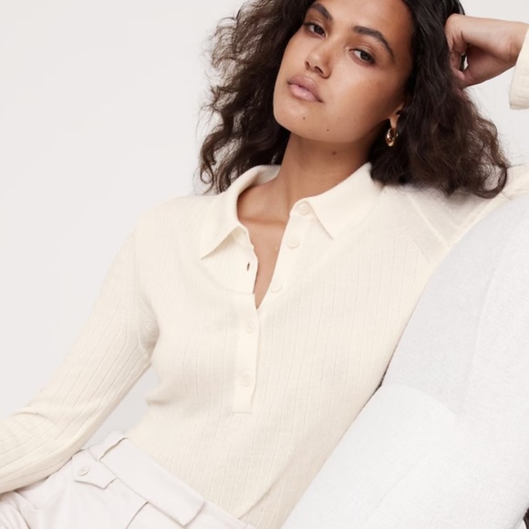 Banana Republic Tops - Banana Republic Cream Ribbed Long Sleeve Polo Top